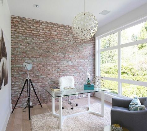 Home Office Background Ideas to Always be "Zoom Ready" - Decorilla Brick Wall Office, Wallpaper Office, Therapist Office Decor, House Wall Design, Office Background, Interior Design Consultation, Exposed Brick Walls, Background Ideas, Brick Walls