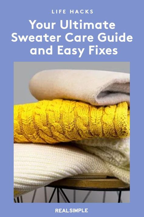 Your Ultimate Guide to Sweater Care | There's a lot you can do to take good care of your sweaters, so they look great season after season. Try these tips to find high-quality sweaters—and keep them looking their best free from shrinking, snagging, and pilling at bay by taking proper care of your sweater. #realsimple #fashion #giftideas #fashiontips #womensfashion #whattowear Quality Sweaters, Wrinkle Release Spray, Sweater Care, Fabric Refresher, Sweater Storage, Fabric Shaver, Woven Sweater, Acrylic Sweater, Green Cleaning