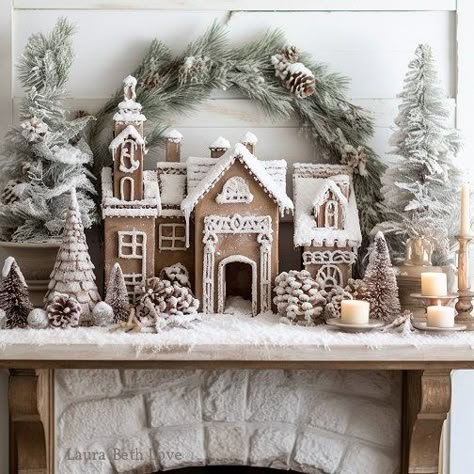 Gingerbread Mantel Ideas, Diy Gingerbread Christmas Tree, Gingerbread House Display Ideas, Gingerbread Mantle Decor, Gingerbread Tablescape, Northridge Remodel, Christmas Gingerbread Decor, Christmas Fireplace Decorations, Fireplace Christmas Decor