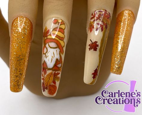 Fall Leaf Gnome set featuring hand painted gnomes & an assortment of fall leaves. Available @carlenescreations60.com #nailsofinstagram #nailart #fallnails #autumnnails #fallleafnails #handpaintednails #carlenescreations Nail For November, Halloween Gnome Nail Art, Autumn Gonk Nails, Gnome Acrylic Nails, Fall Gnomes Nails, Gnome Fall Nails, Fall Gnome Nail Art, Gnome Nails Fall, Fall Gnome Nail Designs