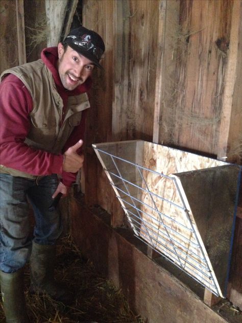 Built these handy feeders for the nursing pens for the sheep & goats. Jkranch.tumblr.com Sheep Stall Ideas, Hay Manger For Goats, Hay Rack For Goats, Hay Rack For Horses, Lambing Pens, Goat Hay Feeders Diy, Goat Bottle Feeder Diy, Chicken Scraps Feeder, Diy Hay Rack