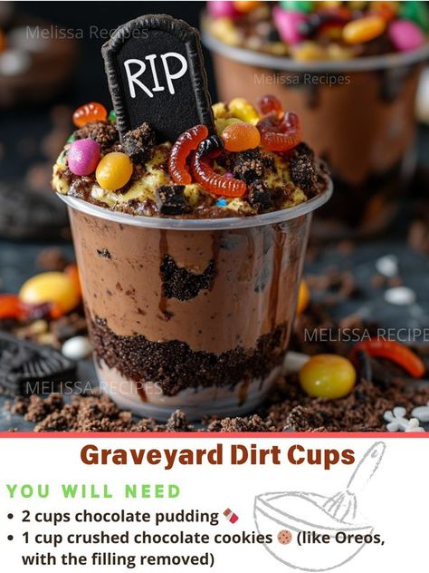 Melissa Recipes | 🪦 Graveyard Dirt Cups 🕸️ | Facebook Graveyard Pudding, Creepy Halloween Desserts, Dirt Cups Recipe, Pudding Cup Recipes, Chocolate Pudding Cups, Graveyard Dirt, Halloween Party Desserts, Spooky Halloween Desserts, Spooky Graveyard