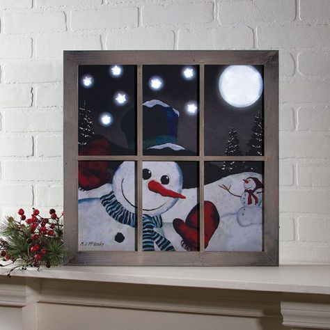 Lighted Window Frame Snowman Canvas Peeking Snowman, Window Quilts, Painted Window Art, Light Up Canvas, Lighted Canvas Art, Christmas Window Painting, Window Crafts, Holiday Canvas, Christmas Window Display