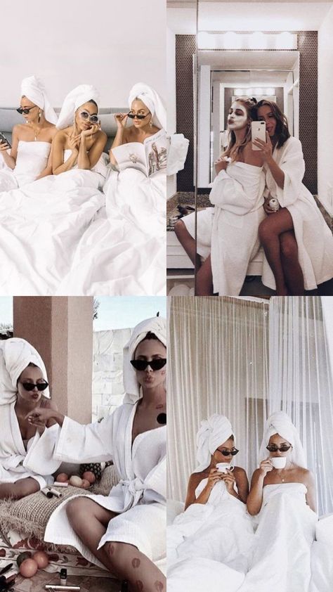 White Robe Photoshoot Friends, Bridesmaid Hotel Pictures, Bridal Brunch Aesthetic, Luxury Bachelorette Party Aesthetic, Bachelorette Sleepover Ideas, Spa Photoshoot Ideas, Bachelorette Party Photoshoot, Bachelorette Sleepover, Luxury Bachelorette Party