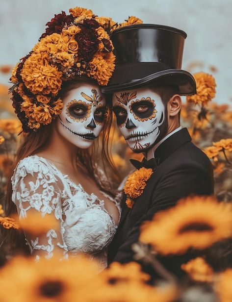 Day Of The Dead Makeup Couples, Day Of The Dead Bride And Groom, Male Day Of The Dead Makeup, Mens Day Of The Dead Makeup, Sugar Skull Couple Costume, Dia De Los Muertos Couple Costume Ideas, Day Of The Dead Photoshoot, Day Of The Dead Makeup Men, Catrina Costume