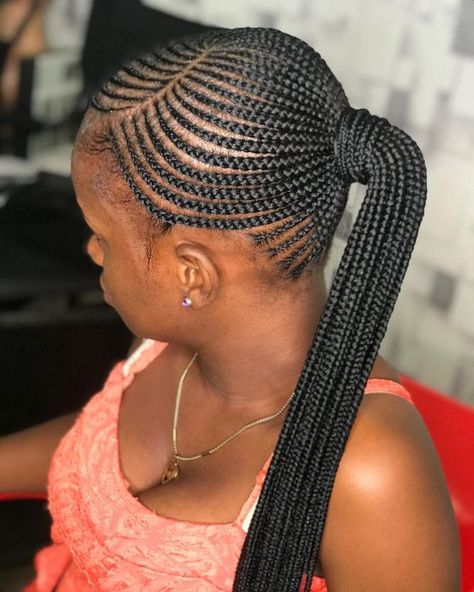 Swoopy Cornrows and Braided Ponytail Low Braided Ponytail For Black Women Cornrows, Cornrow Low Ponytail, Braided Low Ponytail, Cornrows Ponytail, Two Cornrow Braids, Asymmetric Bob, Small Cornrows, Long Cornrows, Different Braid Styles