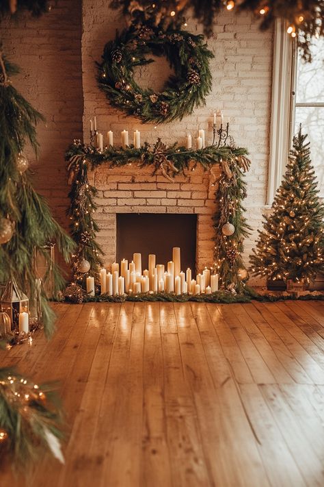 Create a warm and inviting atmosphere for the holidays with stunning winter home decor. This beautifully decorated fireplace with candles, greenery, and wreath highlights the essence of cozy winter nights. Perfect for enhancing your holiday spirit. #WinterHomeDecor #HolidayDecor #CozyNights Fireplaces With Candles Inside, Wedding Decor Fireplace, Fireplace With Candles Inside, Candles In Windows Christmas, Scandinavian Winter Decor, Fireplace Candles Inside, Winter Candle Aesthetic, Christmas Fireplace Design, Fireplace With Candles