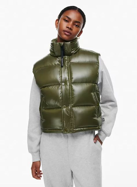 THE SUPER PUFF™ SHORTY VEST - Hi-Gloss French taffeta boxy goose down puffer vest Super Puff Vest, Super Puff Long, The Super Puff, Bulky Sweaters, Super Puff, Puff Vest, Denim Vans, Cashmere Gloves, Zip Sweater