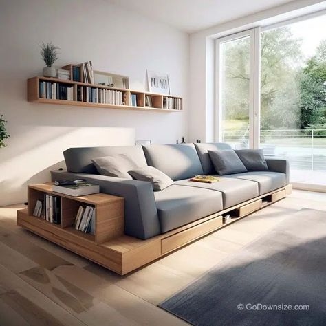 Here’s another wooden sofa with integrated storage compartments, this time at the side and underneath the cushioned seats. Compact Home, A Studio Apartment, Urban Loft, Wooden Sofa, Storage Compartments, Studio Apartment, Storage Drawers, Small Spaces, Living Spaces