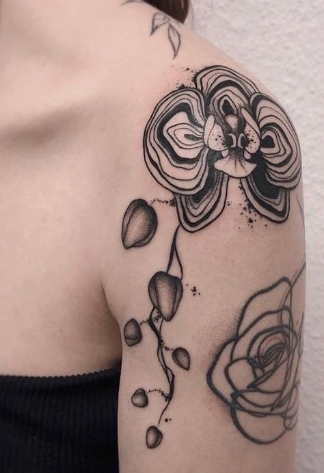 Orchid Chest Tattoo, Orchid Back Tattoo, Orchid Tattoo Meaning, Orchid Tattoos, Medium Size Tattoos, Orchid Tattoo, Plant Tattoo, Friendship Tattoos, Shoulder Tattoos For Women