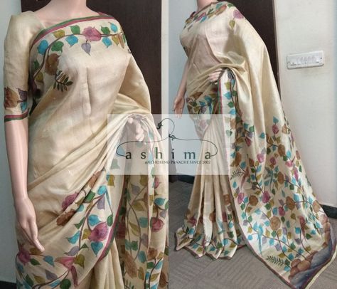 Code:0802184 - Price INR:9900/- , Tussar Silk Saree With Kalamkari Print. Kalamkari Print, Saree Painting Designs, Indian Artwork, Saree Painting, Block Print Saree, Raw Silk Saree, Indian Silk Sarees, Hand Painted Sarees, Print Saree