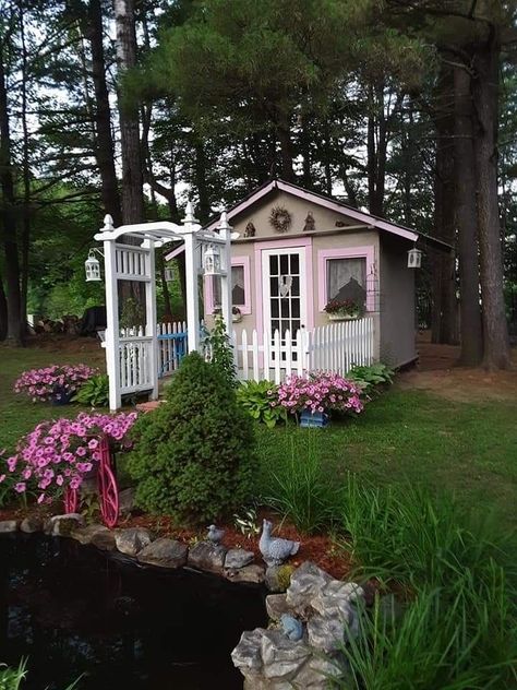 She Shed Cottage, Cottage Fairy House, Shed Cottage, Writing Shed, Mini Shed, Mini Cottage, Cottagecore House, She Shed Ideas, Cottage Porch