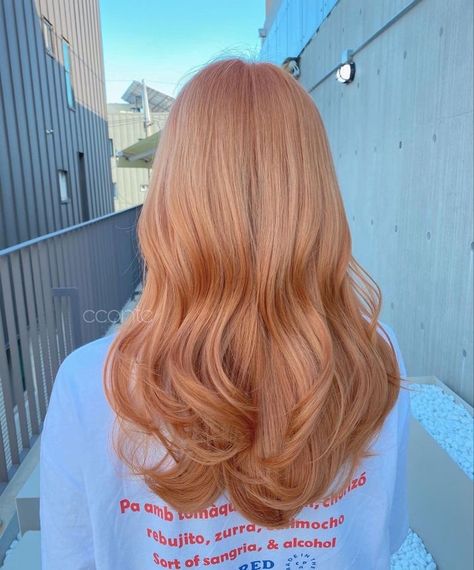 Daphne Hair Color, Strawberry Blonde Inspiration, Dyed Ginger Hair Strawberry Blonde, Peach Orange Hair Color, Strawberry Peach Blonde Hair, Blond Strawberry Hair, Orange Blonde Hair Color, Pinkish Ginger Hair, Strawberry Blonde Hair Inspiration