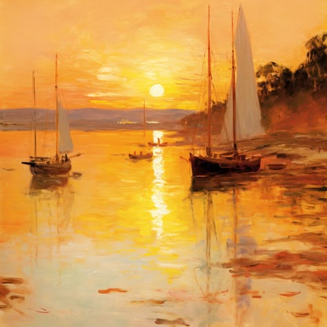 Immerse yourself in the warm, tranquil glow of this exquisite print, capturing the serene essence of Cove Harbour at the waning of the day. Its strokes and hues reminiscent of the Impressionist era, the artwork evokes an atmosphere of peaceful reflection as the sun dips below the horizon, painting the sky in a spectacular array of fiery oranges and soft peaches. In the gentle embrace of dusk, the still waters mirror this magnificent choreography of colours, mingling with the subtle ripples t... Fall Sunset Painting, Warm Colour Painting, Colourful Impressionist Painting, Sun Landscape Painting, Sun In The Sky Painting, Sky Painting Acrylic, Theme Widget, Sunrise Over Water Painting, Golden Sunset Painting