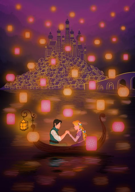 Rapunzel Boat Scene Drawing, Tangled Boat Scene Drawing, Rapunzel Boat Scene Painting, Tangled Lights Scene, Tangled Boat Scene Painting, Tangled Hug, Rapunzel Boat Scene, Tangled Boat Scene, Hoco Decorations