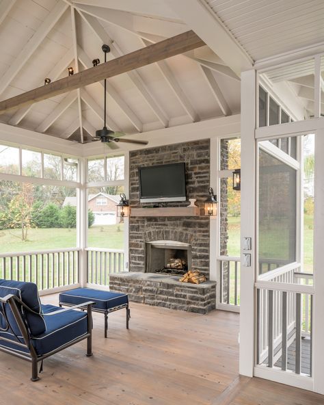 Screened Patios, Gable Roof Porch, Hip Roof Design, Custom Porch, Beam Ceiling, Screened Porch Designs, Exposed Rafters, Porch Fireplace, Porch Remodel