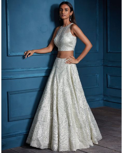 High Neck Lehenga, Metallic Lehenga, Silver Lehenga, Gota Patti Embroidery, Embellished Lehenga, Seema Gujral, Pearl Work, Pakistani Style, Cocktail Wear