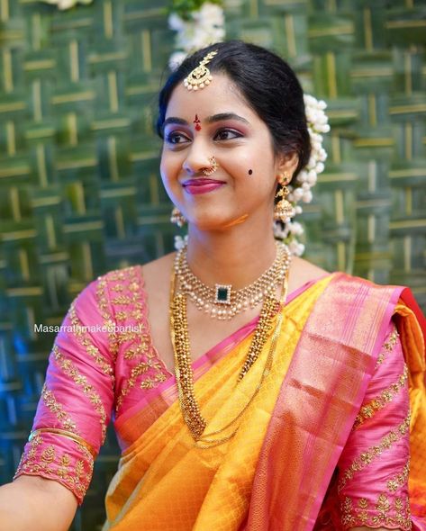 The smile is the only jewel she needs! Candid shots by @santoshattreya @theclick.bytejasagiraju For booking contact at 9966504047… Pink Blouse Work, Pink Blouse Design, Yellow Blouse Designs, Pink Saree Blouse, Pink Blouse Designs, Mango Necklace, Mirror Work Blouse Design, Blouse Designs Catalogue, Wedding Saree Collection