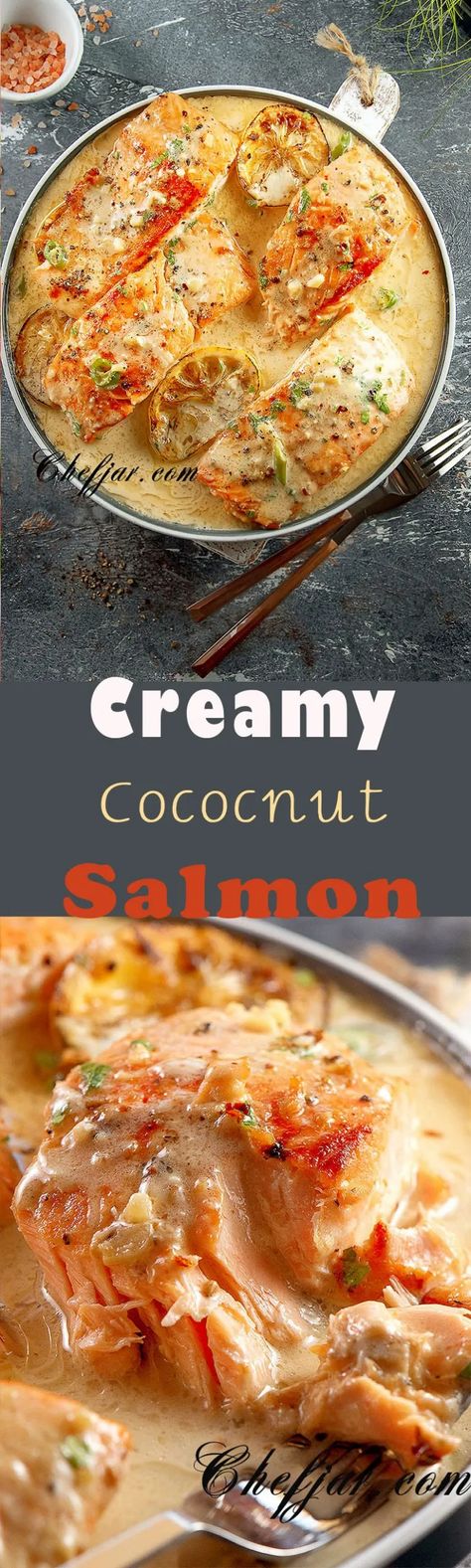 CREAMY SALMON RECIPE (COCONUT CREAM SAUCE) | Chefjar Salmon In Coconut Sauce, Coconut Cream Salmon Recipes, Coconut Dill Salmon, Coconut Cream Fish Recipes, Salmon With Coconut Cream Sauce, Coconut Cream Sauce For Fish, Creamy Salmon Sauce, Coconut Salmon Recipes, Coconut Cream Pasta