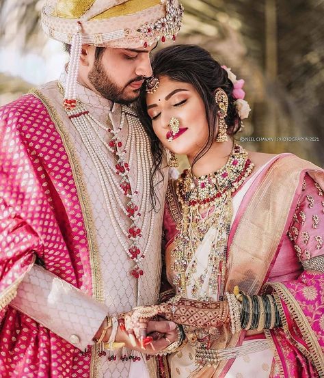 Stunning coordinated outfits for their wedding day 😍💕. Indian Wedding Poses Couple Photos, Wedding Dresses Indian Bridal, Buddhist Wedding Dress, Maharashtrian Wedding, Indian Groom Dress, Pastel Outfits, Coordinated Outfits, Bridesmaid Photoshoot, Wedding Outfits For Groom