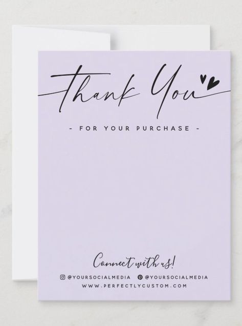 Light lavender purple business thank you note cards with blank space for handwriting a custom message, logo template (or other image) and social media icons. The word thank you is written in a handwritten style script font. You can change colors, move and resize elements with the design tool. Business Thank You Notes, Message Logo, Thank You Card Design, Thank You Note Cards, Light Lavender, Handwritten Notes, Cards Templates, Blank Space, Business Thank You