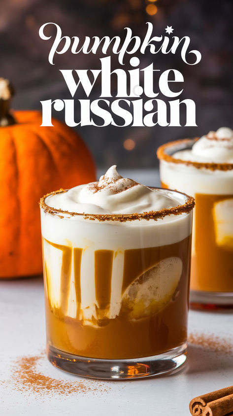 Pumpkin White Russian cocktail in a glass, topped with whipped cream and a sprinkle of pumpkin spice. A perfect fall drink that combines the flavors of Kahlua and pumpkin spice. Ideal for Thanksgiving drinks, cozy nights, and fans of pumpkin spice White Russian recipes. #FallDrinksAlcohol #SpicedCocktail #KahluaRecipes Seasonal Fall Cocktails, Pumpkin Pie White Russian, Warm Fall Drinks Alcohol, Easy Thanksgiving Cocktails, Drinks With Kahlua, Pumpkin White Russian, Classic Eggnog Recipe, Pumpkin Cocktail Recipes, Pumpkin Cocktails