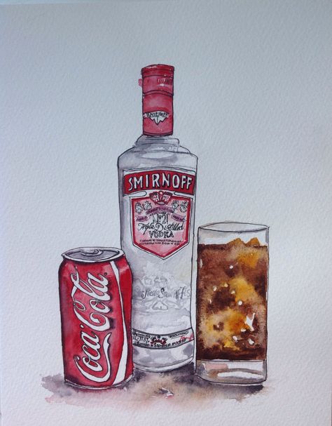 Watercolour on paper by Sheila Horrocks Smirnoff Bottle, Smirnoff Vodka, Bottle Drawing, Watercolor Portrait Painting, Gin Bar, Fruit Picture, Watercolor Food, Drawings Ideas, Vodka Drinks