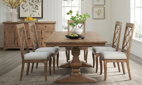 The Emerson Honey Dining Table elegantly combines traditional style with a fresh  modern feel. Crafted from Pine solids and veneers  it features a classic trestle silhouette and an inviting honey-colored finish with light burnishing. This table includes one 18” leaf  allowing it to extend from 80" to 98"  perfect for accommodating extra guests. The planked wood top adds a farmhouse appeal  making this dining table a versatile and stylish choice for various interior designs across the country. Traditional Modern Dining Room, Farmhouse Dining Table And Chairs, Modern Traditional Dining Room, French Country Dining Table, Modern Farmhouse Dining Table, Upholstered Dining Bench, Modern Farmhouse Dining Room, Farmhouse Dining Room Table, Modern Farmhouse Dining