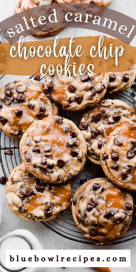 Salted Caramel Chocolate Chip Cookies, Caramel Chocolate Chip Cookies, Gooey Caramel, Salted Caramel Chocolate, Caramel Chocolate, Chocolate Caramels, Fun Baking Recipes, Homemade Cookies, Favorite Cookies