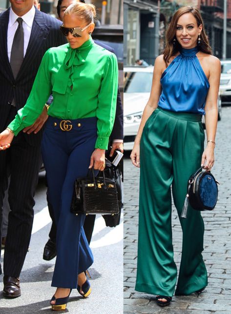 It's so fun to combine bold color combos. I've been inspired by the blue & green colorblocking combinations I've been seeing on celebrities. #jenniferlopez #colorblock #green #blue @sydnesummer Green And Royal Blue Outfit, Blue And Green Color Blocking Outfit, Peacock Blue Outfit Color Combos, Bold Color Fashion, Blue Green Outfit Color Combos, Blue And Turquoise Outfit, Electric Blue Outfit Color Combos, Blue And Green Outfits For Women, Bright Green Top Outfit