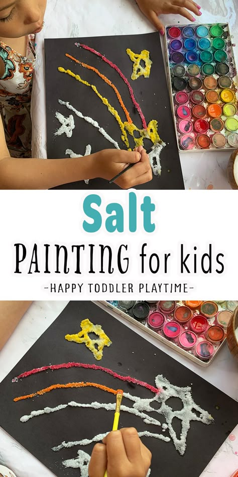 Salt Painting for Toddlers & Preschoolers - HAPPY TODDLER PLAYTIME Salt Painting For Kids, Salt Painting, Homeschool Crafts, Daycare Crafts, Art Camp, Art Activities For Kids, Camping Crafts, Fun Crafts For Kids, Kid Activities