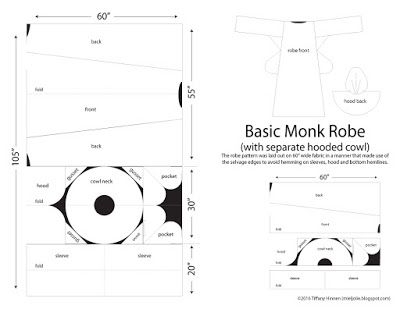 All Things Crafty: Monk Robe Pattern with Hooded Cowl Medieval Monk Robe, Dominican Clothing, Monk Costume, No Sew Cape, Priest Costume, Medieval Tunic, Cloth Patterns, Hood Pattern, Silver Wrapping Paper