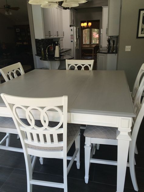 Gray Table Top and white legs, white chairs Gray And White Round Kitchen Table, Farmhouse Kitchen Table Grey, Chalk Paint Kitchen Table, Gray And White Farm Table, Grey Kitchen Table, High Top Dining Table, Two Tone Farmhouse Table Kitchen & Dining Tables, Refinished Dining Room Set Kitchen & Dining Tables, Dining Room Table Makeover