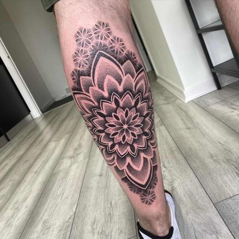 Calf Mandala Tattoo Men, Geometric Calf Tattoos For Women, Mandala Back Leg Tattoo, Mandala Tattoo Calf For Women, Calf Tattoo Geometric, Large Calf Tattoos For Women, Full Calf Tattoos For Women, Best Calf Tattoos Men, Mandela Leg Tattoos