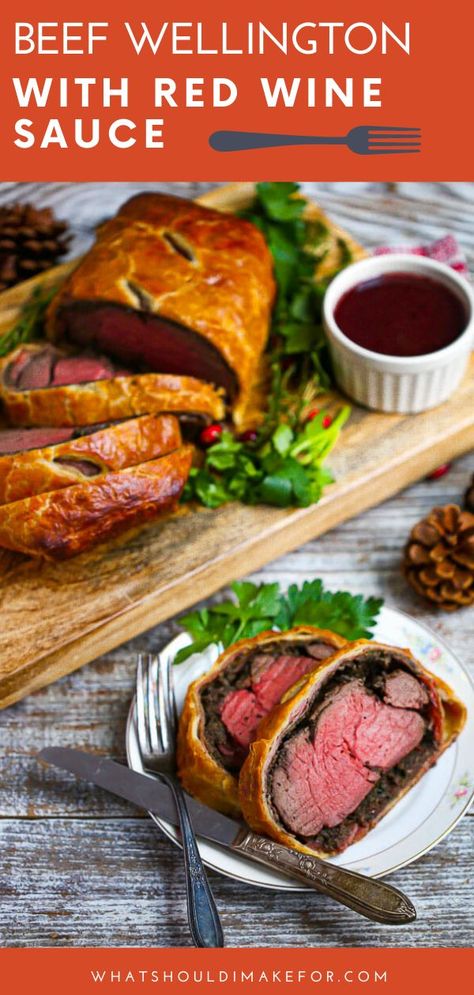 A perfect beef wellington recipe with red wine sauce that will rival Gordon Ramsay! Made with puff pastry and mushroom, this is ideal for a fancy holiday meal and will wow! #whatshouldimakefor #beefwellington #wellington #beef #chrismasdinner #holidayfood #newyearsmenu Beef Wellington Sauce, Gordon Ramsey Beef Wellington, Recipe With Red Wine, Gordon Ramsay Beef Wellington, Easy Beef Wellington, Gordon Ramsay Recipes, Gordon Ramsey Recipes, Wellington Recipe, Red Wine Recipe