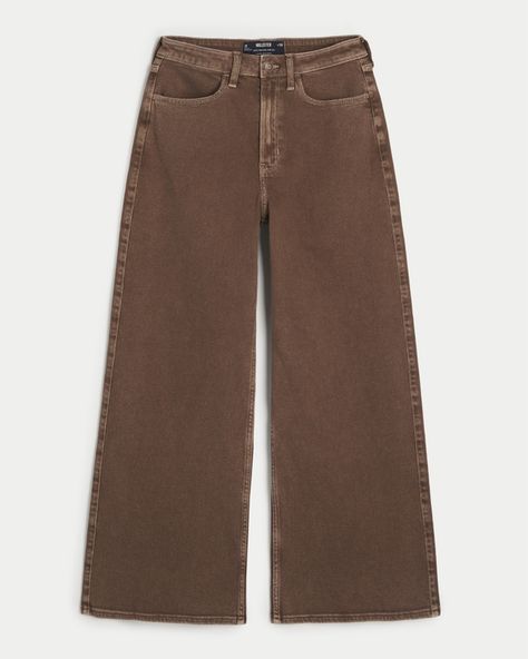 Women's Ultra High-Rise Brown Wide Leg Jeans | Women's Clearance | HollisterCo.com Wide Leg Brown Jeans, Brown Wide Leg Jeans, Brown Jeans, Comfy Jeans, Women's Bottoms, Comfortable Jeans, Gauze Fabric, Babydoll Top, Outfits For Teens