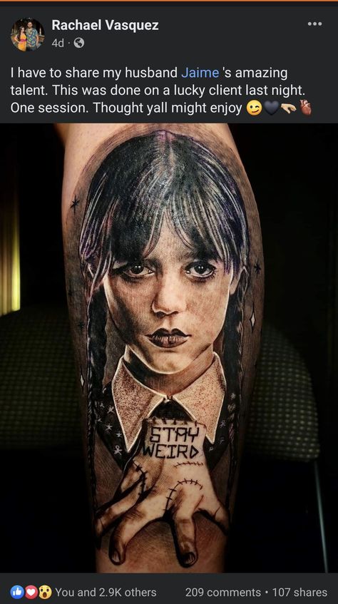 Wensday Adams Tattoo Design, Wensday Tattoo, Wendsday Adams Tattoos, Thing Tattoo Wednesday, Thing Tattoo Addams Family, Addams Family Thing Tattoo, Wednesday Addams Portrait Tattoo, Wednesday Tattoo, Wednesday Addams Tattoo