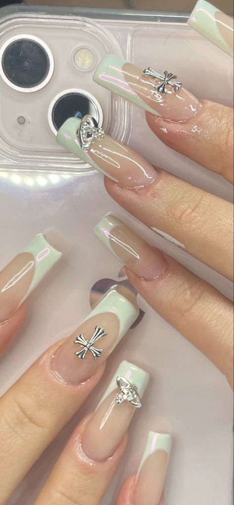 White chrome med-long french  acrylics w/ vivi & cross charms French Nails With Cross Charm, Nail Inspo With Cross Charm, French Tip Nails With Cross Charm, French Cross Nails, White Nails With Cross Charm, White French With Charms, Plain Nails With Charms, French Tip With Cross Charm, White French Tip With Charms