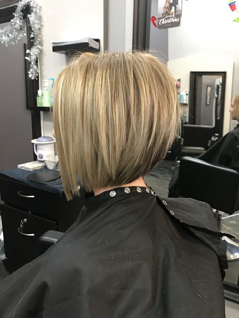 Short graduated bob created by Geneva Rygel Shorter On One Side Haircut Bob, A Line Graduated Bob, Short Graduated Haircut, Soft Graduated Bob, Short Graduated Bob Hairstyles, Short Graduation Haircut, Bobs For Thick Hair Round Face, Graduated Bob Haircuts Medium, Graduated Bob Haircuts Short