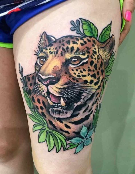 Jaguar Tattoo Ideas, Tattoo Leopard, Big Cat Tattoo, Jaguar Tattoo, Leopard Tattoos, African Tattoo, Tattoo Leg, Aztec Tattoo, 1 Tattoo