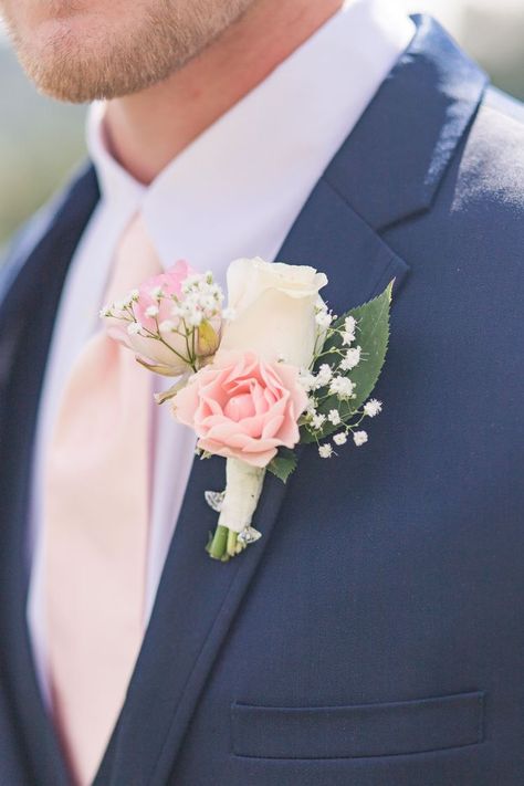 Navy Blue Groom Suit, Boutineer Ideas, Blue Groom Suit, Navy Blue Groom, White Rose Boutonniere, Blue Groom, Pink Boutonniere, Blue And Blush Wedding, Blush Tie