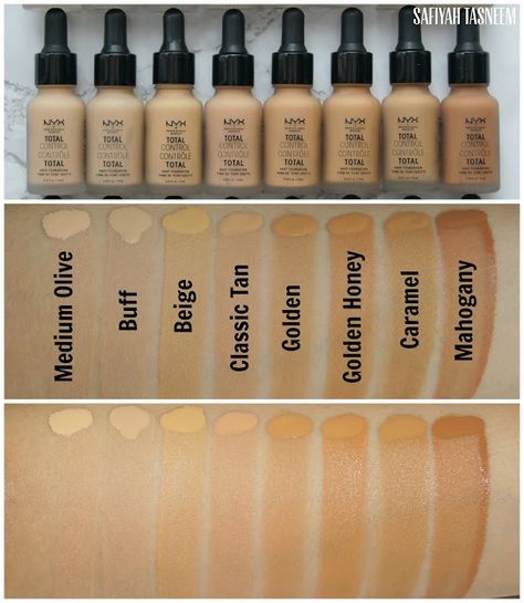 SAFIYAH TASNEEM : Sunday Swatches: Foundation Files - NYX Total Control Drop Foundation Review Nyx Foundation, Cosmetic Business, Foundation Swatches, Foundation For Dry Skin, Learn Makeup, Mineral Makeup, Foundation Shades, Makeup Swatches, Eye Makeup Tips