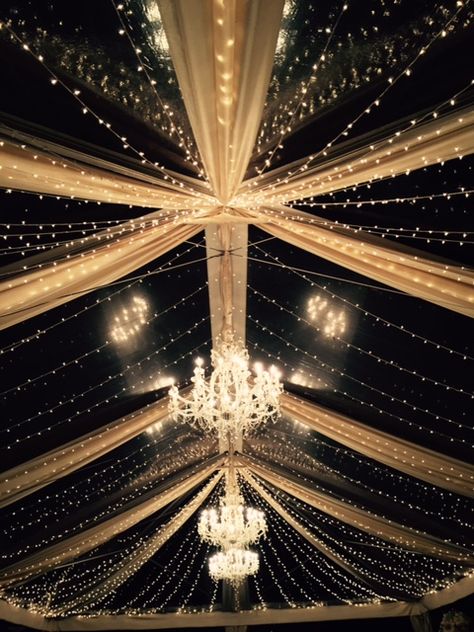 Clear Top Tent Wedding Receptions, Clear Top Tent Wedding, Overhead Decor, Tuscany Wedding Theme, Clear Top Tent, Tent Wedding Reception, Wedding Reception Lighting, Fabric Chandelier, Opulent Wedding