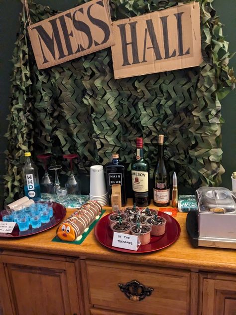 Army party WW2 theme 1940's Mess Hall Party ideas 1940s Uso Party, Going To Boot Camp Party Ideas, Ww2 Themed Party, Hall Party Ideas, Uso Party, 1940s Party, Leaving Party, Bon Voyage Party, Army Birthday