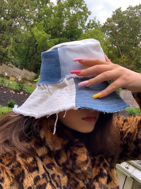 Aesthetic Hats, Jean Bucket Hat, Patchwork Bucket Hat, Fluffy Bucket Hat, Bucket Hat Fashion, Bucket Hat Pattern, Denim Bucket Hat, Instagram Feed Ideas Posts, Diy Barbie Furniture