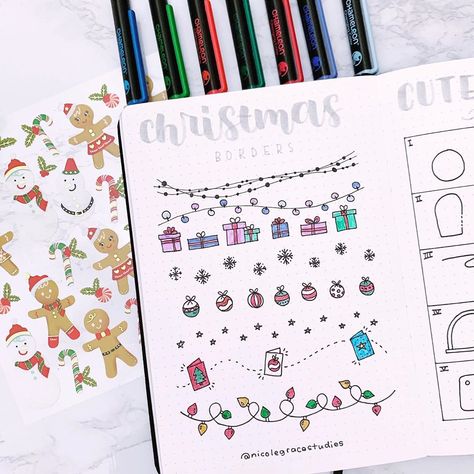 Bullet Journal Ideas December, Journal Ideas December, Christmas Bullet Journal Ideas, Borders Bullet Journal, Christmas Bullet Journal, Bullet Journal Dividers, Bullet Journal Christmas, Xmas Drawing, December Bullet Journal