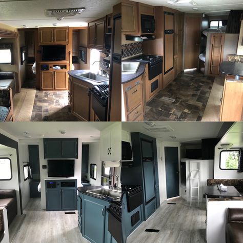 Before and after. Camper Restoration, Rv Redo, Rv Interior Remodel, Camper Trailer Remodel, Rv Renovation, Trailer Decor, Diy Camper Remodel, Rv Homes, Rv Makeover