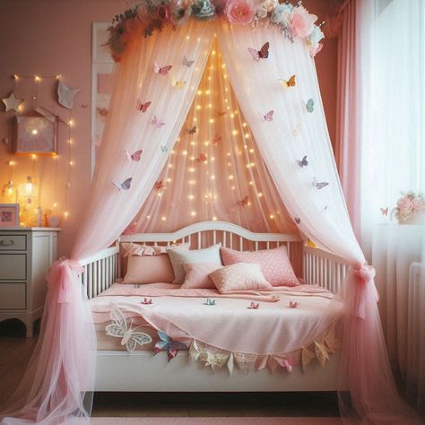 Canopy Bed Ideas Girls Bed With Curtains, Twin Bed Canopy Ideas, Canopy Beds For Girls Room, Canopy Bed For Girls Room, Canopy Over Bed Girls Room, Diy Canopy Bed For Kids, Girls Sharing Bedroom Ideas, Girls Room Canopy Bed, Day Bed Canopy