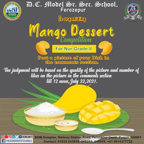 To celebrate and relish the taste of mango – "The king of fruits", D. C. Model Sr. Sec. School is organizing 🥭𝐌𝐚𝐧𝐠𝐨 𝐃𝐞𝐬𝐬𝐞𝐫𝐭 𝐂𝐨𝐦𝐩𝐞𝐭𝐢𝐭𝐢𝐨𝐧🥭 for the students of Nursery to Grade-II. Post a picture🖼️ of your Dessert in the comments💬 section. The Judgement will be based on the quality of the picture🖼️ and the number of likes👍🏻 on the picture till July 22, 2021 before 12 noon. Hurry up!! #Mango #DCMC #Dessert #Competition #MangoDessert #Likes #CommentSection #HurryUp Mango Day Celebration In School, Diy Carnival, Mango Dessert, Rose Flower Wallpaper, The Taste, Relish, Flower Wallpaper, The King, Rose Flower