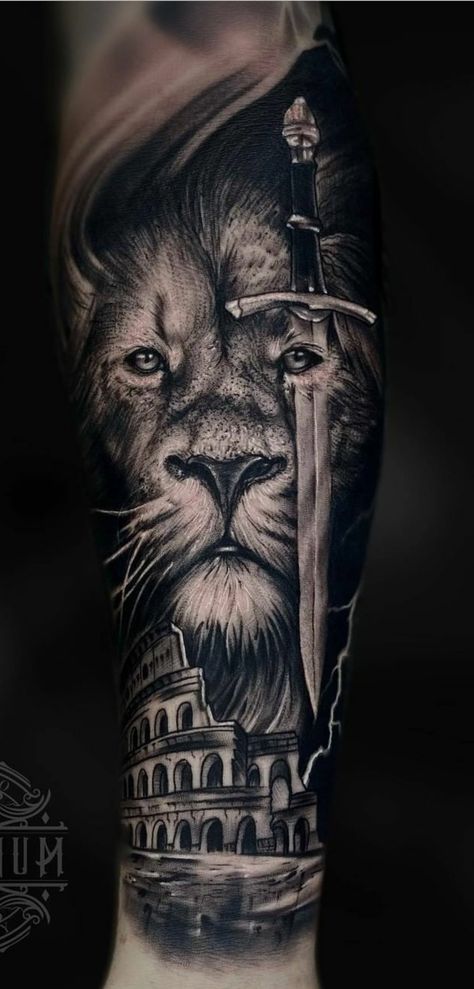 Zeus And Lion Tattoo, Lion Tattoo Design Male Forearm, Lion Roman Tattoo, Lion Warrior Tattoo For Men, Lion Tattoo Bicep Men, Calf Lion Tattoo Men, Tattoos For Guys Leg Calf, Lion And Gladiator Tattoo Design, Roman Lion Tattoo